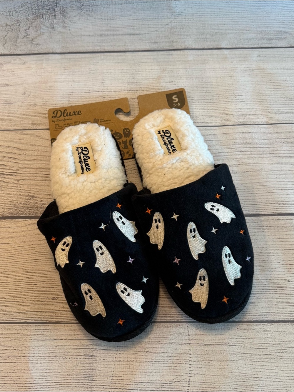 Luxe Kids Black Ghost Print Slippers with Cream Lining